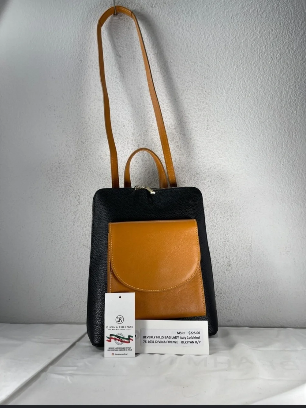Divina Firenze Two-Tone Leather Backpack in Black & Tan